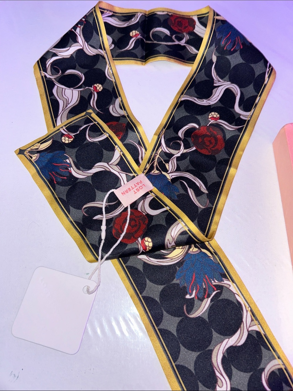 NWT Lost Pattern “Dream” 100% Silk Twilly Neck Bow Scarf - Picture 2 of 7